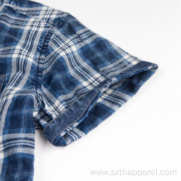 Men's Short Sleeve Denim Twill Plaid Shirt